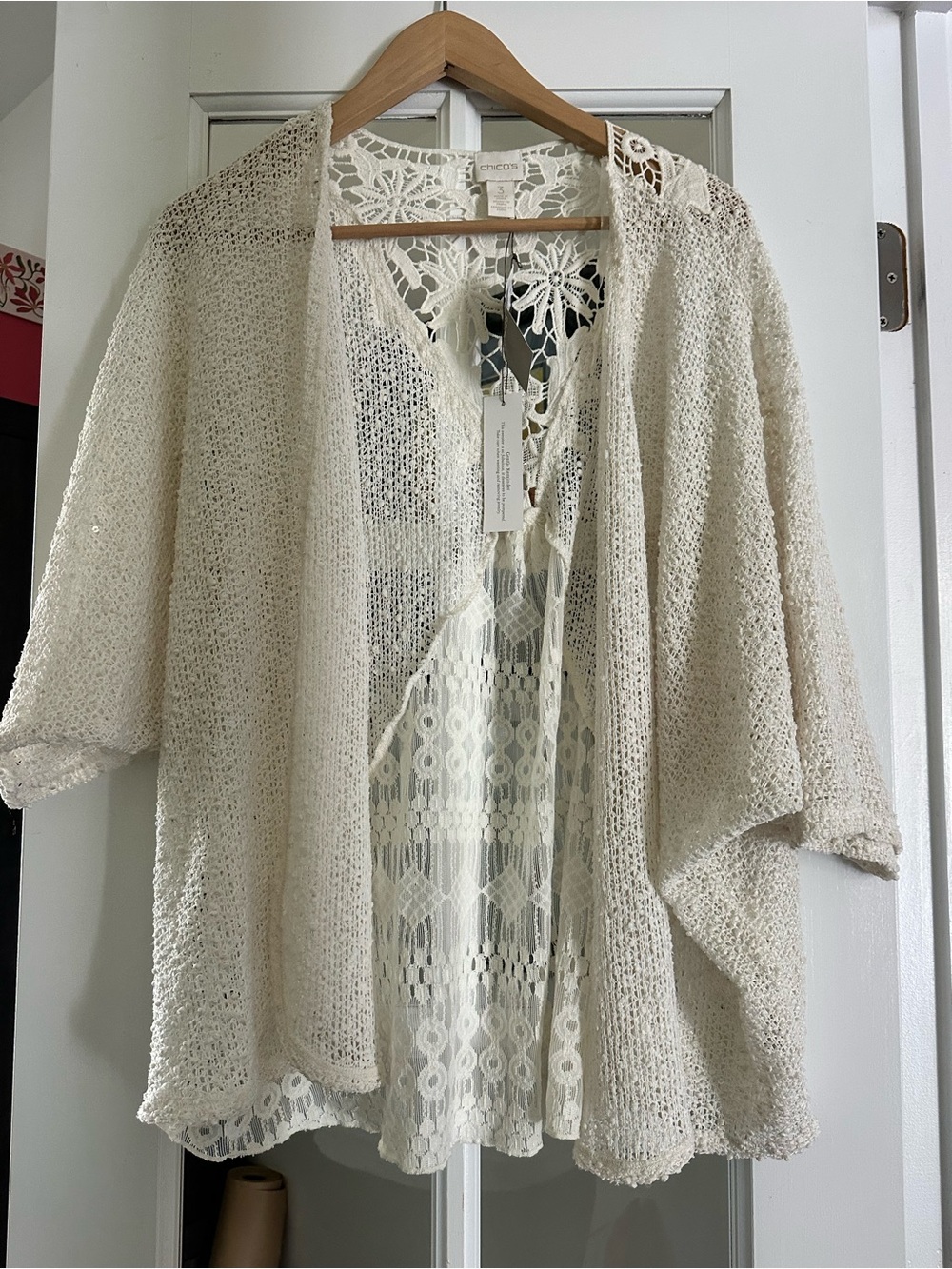 Chico's Cream Open-Knit Lace-Back Cardigan